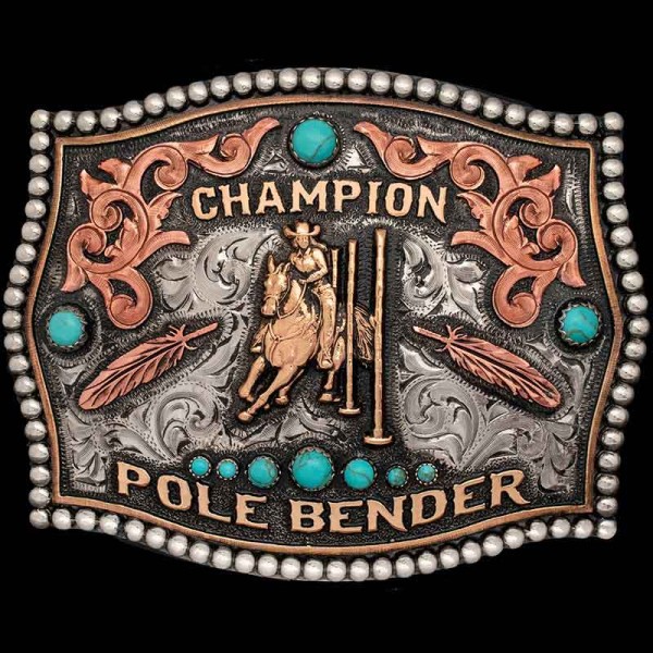 Crafted for champions, this buckle captures the lightning-fast agility of pole bending champions in a sleek design. In stock and ready to ride with you.